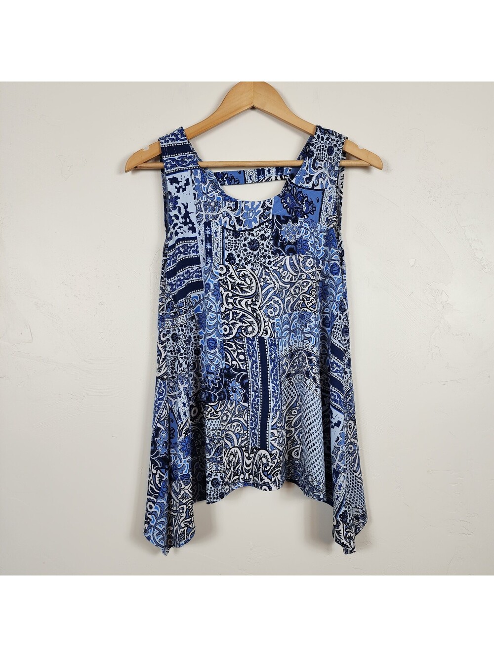 CB Blue Paisley Patchwork Sleeveless Tank Top Hanky Hem Boho Festival Small P
